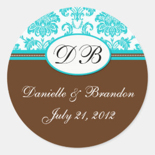 Brown Blue Wedding Monogram Damask Seal
