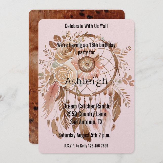 Brown Blush Pink Floral Dream Catcher Birthday Invitation (Front/Back)