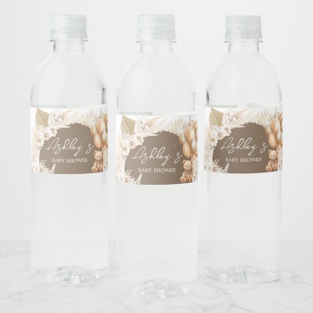 Brown Boho Bear Balloon Baby Shower Water Bottle Label (Bottles)