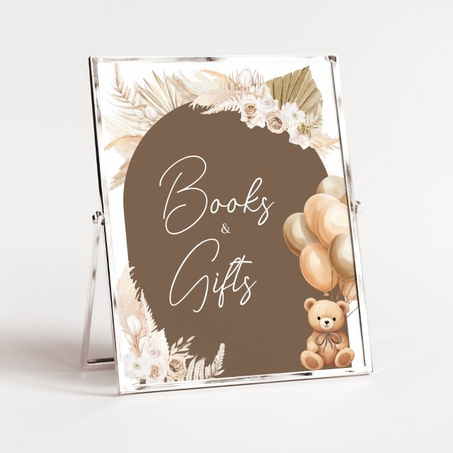 Brown Boho Bear Balloon Books and Gifts Poster (Brown Balloons Baby Shower Books and Gifts Sign)