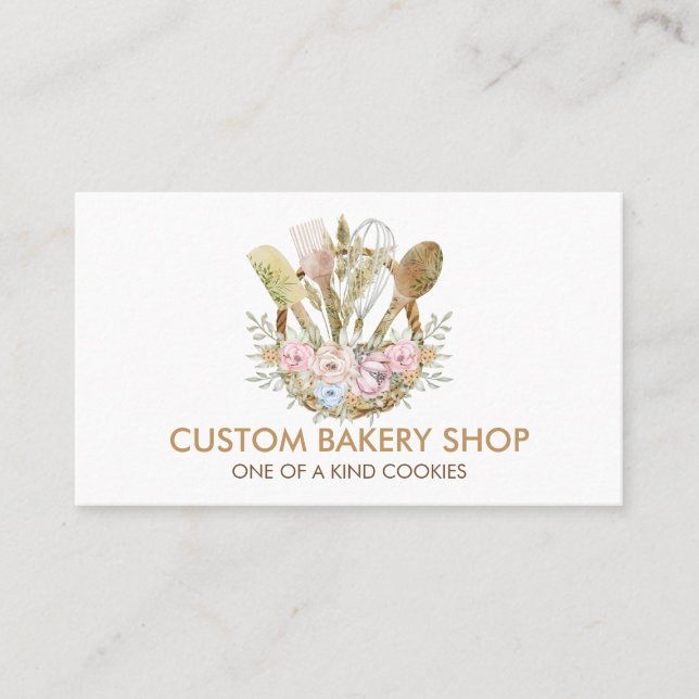 Brown Boho Cooking Flower Rustic Bakery Business Card (Front)