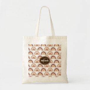 Brown Boho Rainbow Whimsical Pattern Monogram Tote Bag