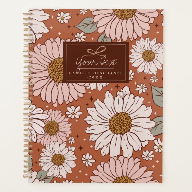 Brown Boho Retro Floral Print Personalised Planner (Front)