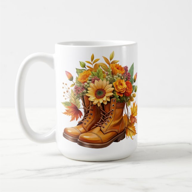 BROWN BOOTS WITH PRETTY FALL AUTUMN FLOWERS COFFEE MUG (Left)