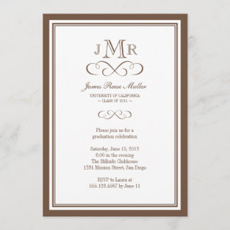 Brown border frame classy monogram graduation invitation
