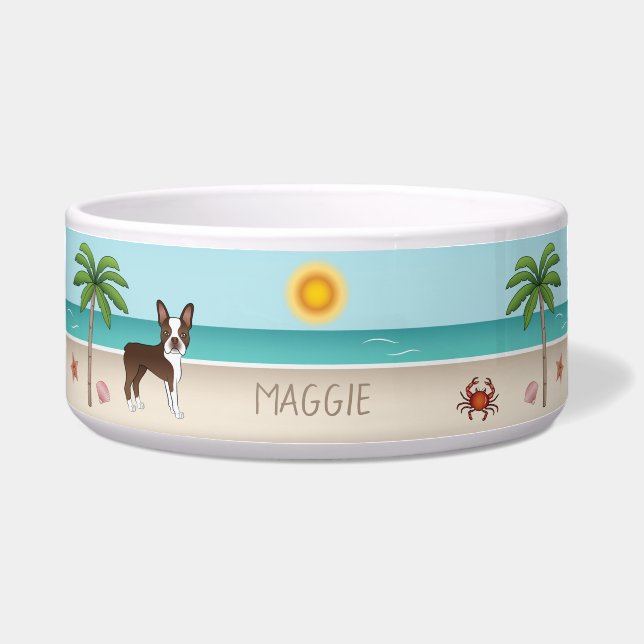 Brown Boston Terrier At A Tropical Summer Beach (Front)