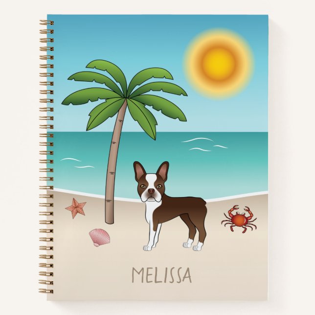 Brown Boston Terrier At A Tropical Summer Beach Notebook (Front)
