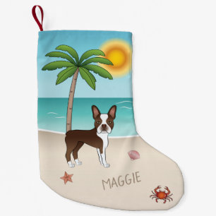 Brown Boston Terrier At A Tropical Summer Beach Small Christmas Stocking