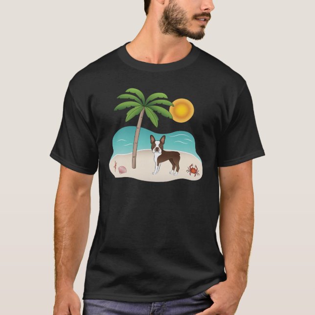 Brown Boston Terrier At A Tropical Summer Beach T-Shirt (Front)
