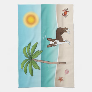 Brown Boston Terrier At A Tropical Summer Beach Tea Towel