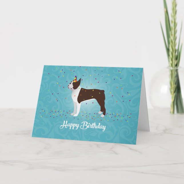 Brown Boston Terrier Birthday Design Card (Front)