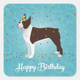 Brown Boston Terrier Birthday Design Square Sticker