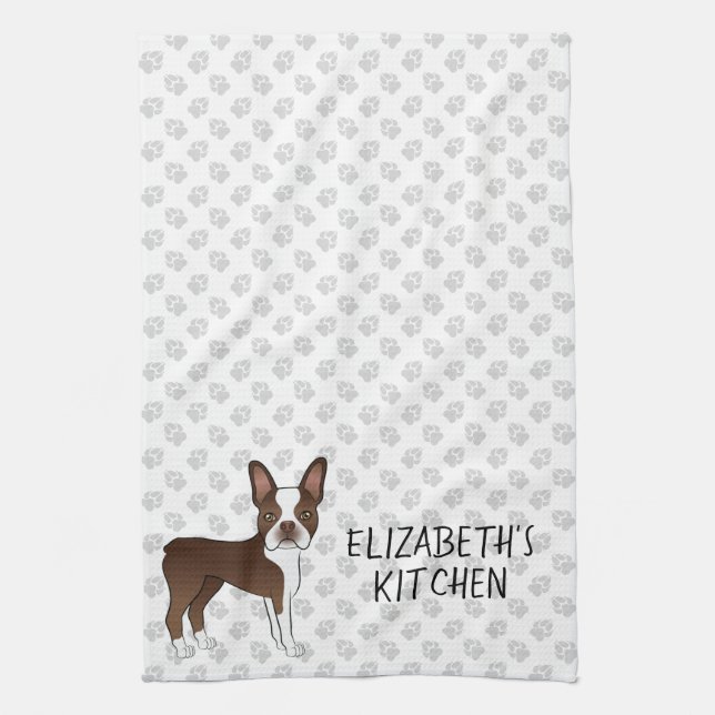 Brown Boston Terrier Cartoon Dog & Custom Text Tea Towel (Vertical)