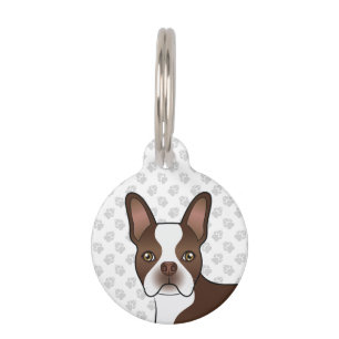 Brown Boston Terrier Cartoon Dog Head & Paws Pet Tag