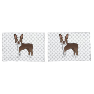 Brown Boston Terrier Cartoon Dogs & Grey Paws Pillowcase