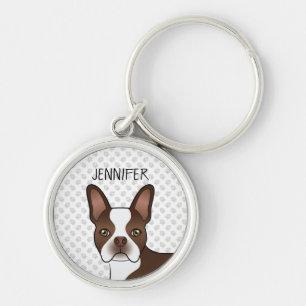 Brown Boston Terrier Cute Cartoon Dog Head & Name Key Ring