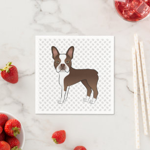 Brown Boston Terrier Cute Cartoon Dog & Paws Napkin