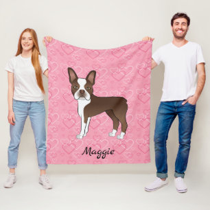Brown Boston Terrier Dog On Pink Hearts And Name Fleece Blanket