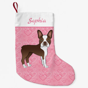 Brown Boston Terrier Dog On Pink Hearts And Name Small Christmas Stocking