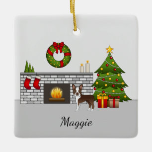 Brown Boston Terrier In A Festive Christmas Room Ceramic Ornament