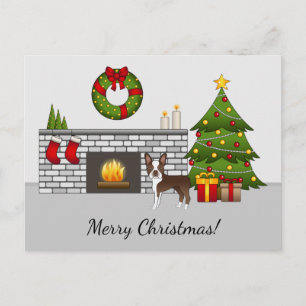 Brown Boston Terrier In A Festive Christmas Room Postcard