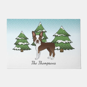 Brown Boston Terrier In A Winter Forest & Name Doormat