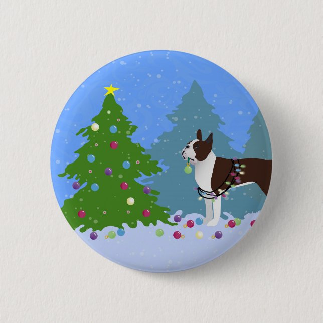 Brown Boston Terrier in Christmas Forest 6 Cm Round Badge (Front)