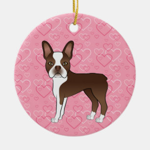 Brown Boston Terrier On Pink Hearts Pet Memorial Ceramic Tree Decoration