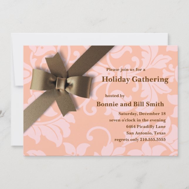 Brown Bow Coral  Damask Holiday Invitation (Front)