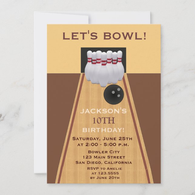 Brown Bowling Birthday Party Invitation (Front)