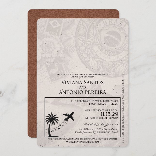 Brown Brazil Passport Wedding Invitation (Front/Back)