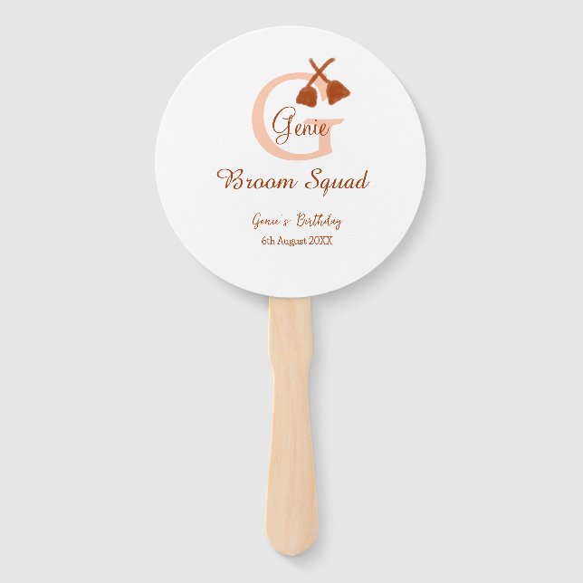 Brown broom Squad Birthday name peach monogram Hand Fan (Front)