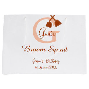 Brown broom Squad Birthday name peach monogram Large Gift Bag