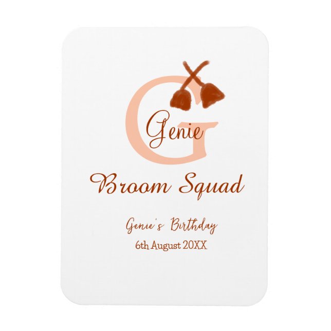 Brown broom Squad Birthday name peach monogram Magnet (Vertical)