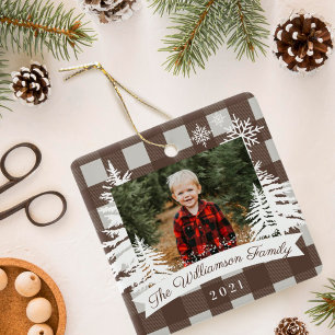 Brown Buffalo Plaid Rustic Pine Trees Family Photo Ceramic Ornament