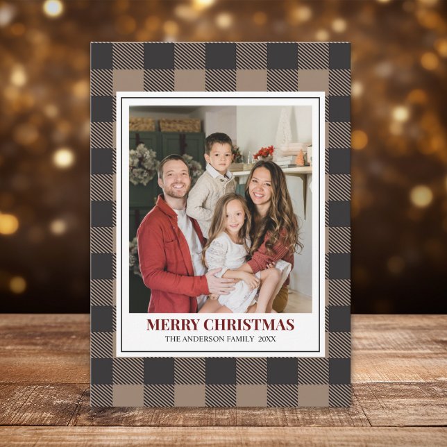 Brown Buffalo Plaid with Christmas Family Photo Holiday Card (Creator Uploaded)