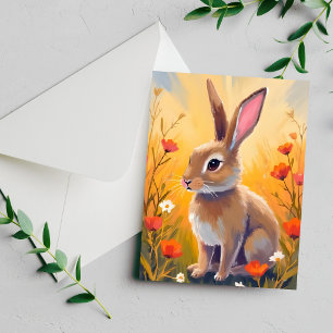 Brown Bunny Floral Field Animal Painting Card