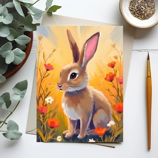 Brown Bunny Floral Field Animal Painting Postcard (Creator Uploaded)