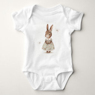 Brown Bunny in a Floral Dress Baby Bodysuit