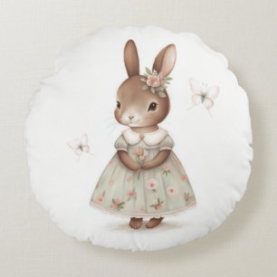 Brown Bunny in a Floral Dress Round Cushion