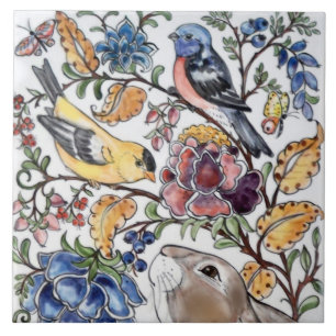 Brown Bunny Rabbit Bird Floral Top Faces R Tile