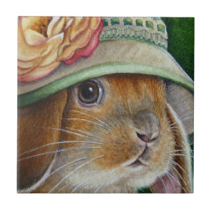 Brown Bunny Rabbit in Spring Bonnet Watercolor Art Tile