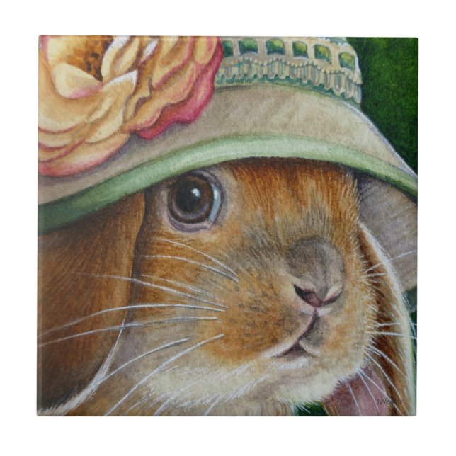 Brown Bunny Rabbit in Spring Bonnet Watercolor Art Tile (Front)