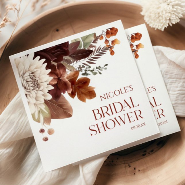 Brown Burgundy Fall In Love Floral Bridal Shower Napkin (Creator Uploaded)