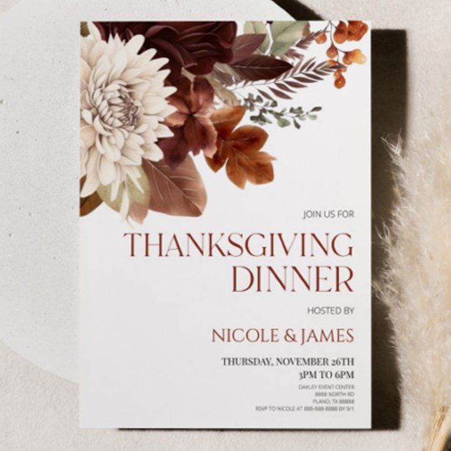 Brown Burgundy Floral Flower Thanksgiving Dinner Invitation (Creator Uploaded)