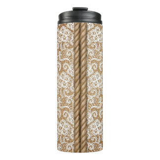 BROWN BURLAP LOOK WITH WHITE LACE LOOK THERMAL TUMBLER