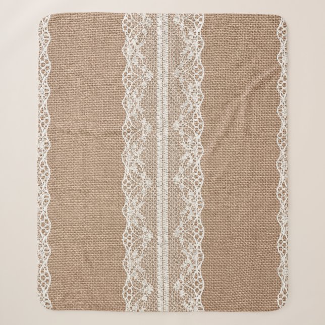 Brown Burlap Off-White Lace Texture Sherpa Blanket (Front)