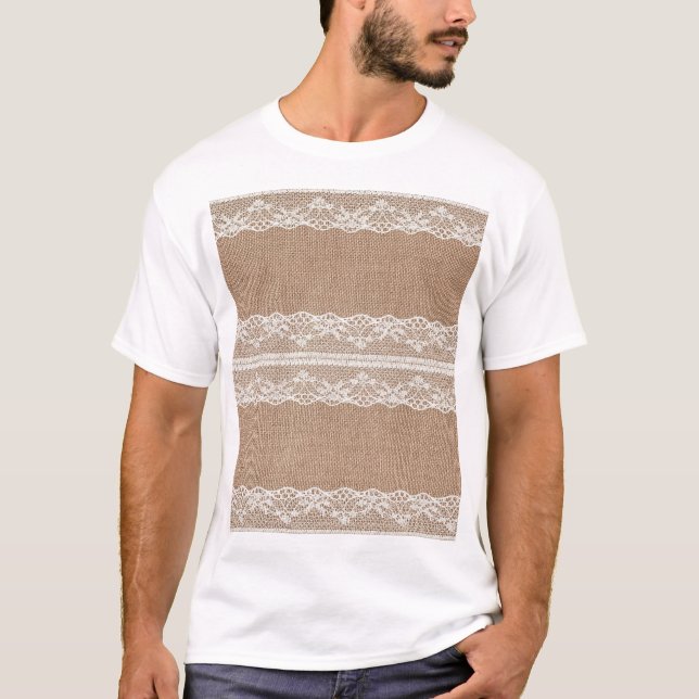 Brown Burlap Off-White Lace Texture T-Shirt (Front)