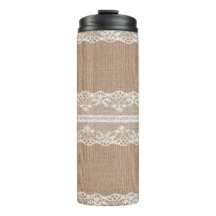 Brown Burlap Off-White Lace Texture Thermal Tumbler