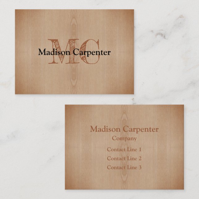 brown burnt wood grain Carpenter Monogram Business Card (Front/Back)